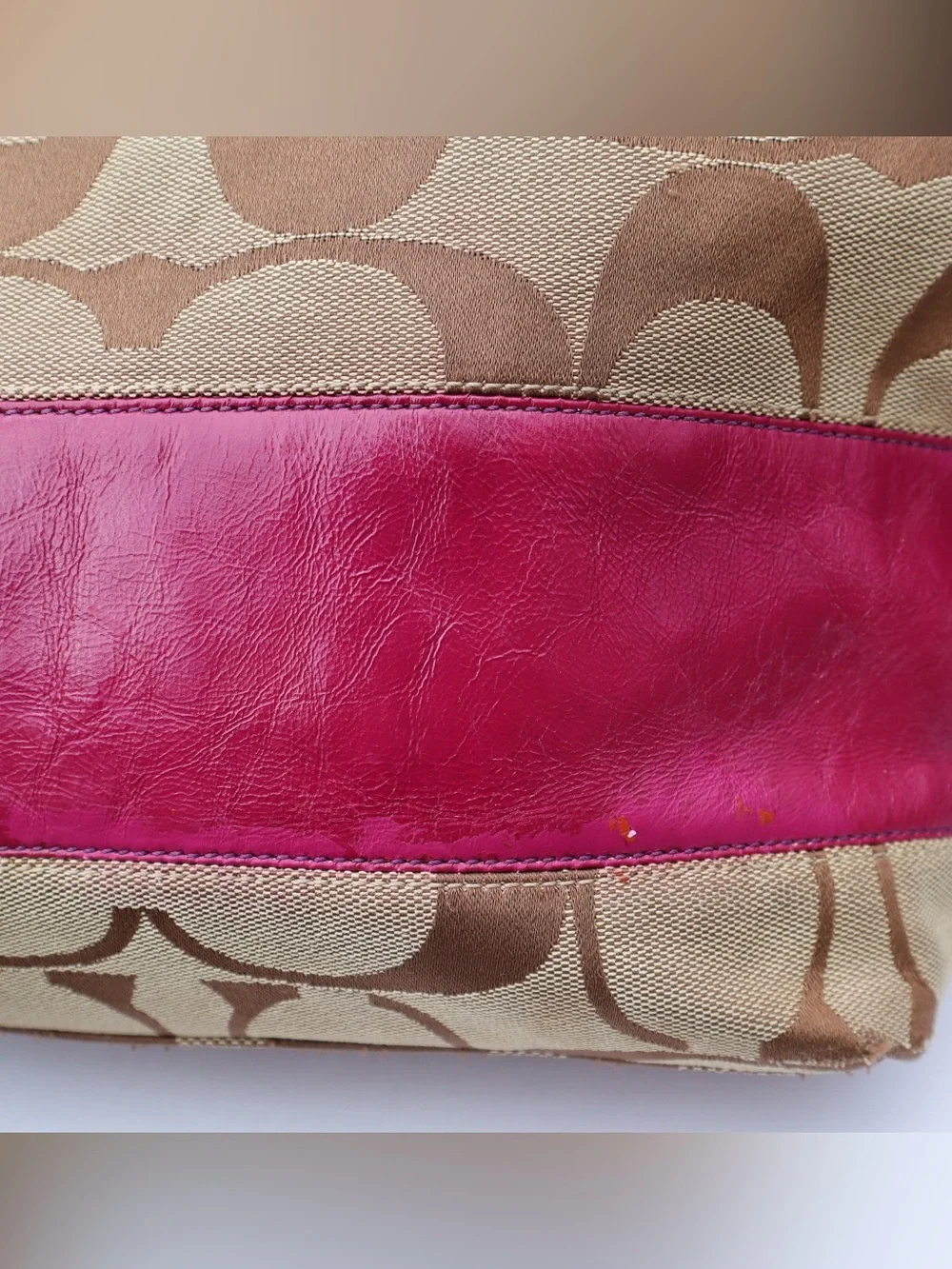Coach Signature Berry Stripe Patent Leather Tote Shoulder Bag, Berry Red/Pinkish